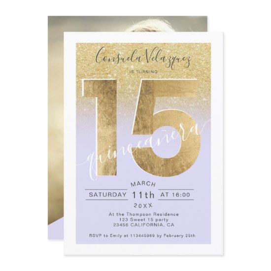 gold foil glitter script purple quinceanera photo
