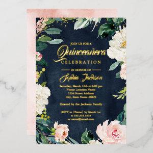 GOLD FOIL Navy Blush Floral Wreath Quinceanera Foil