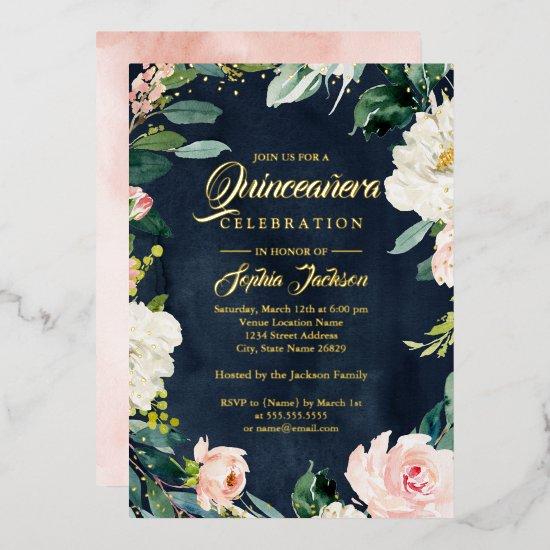 GOLD FOIL Navy Blush Floral Wreath Quinceanera Foil