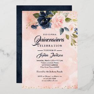 GOLD FOIL Navy Blush Pink Floral Quinceanera Foil