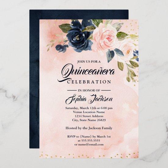 GOLD FOIL Navy Blush Pink Floral Quinceanera Foil