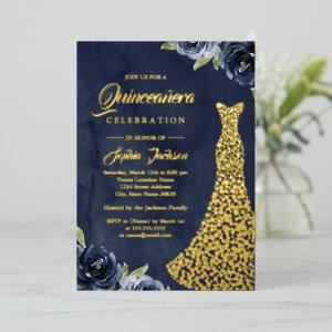GOLD FOIL Navy Gold Floral Dress Quinceanera  Foil