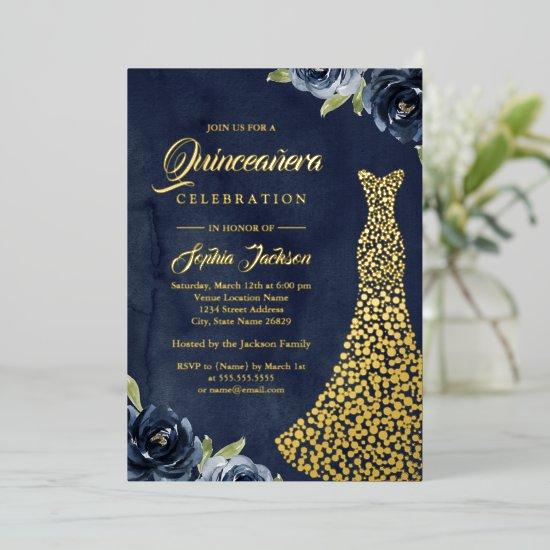 GOLD FOIL Navy Gold Floral Dress Quinceanera  Foil
