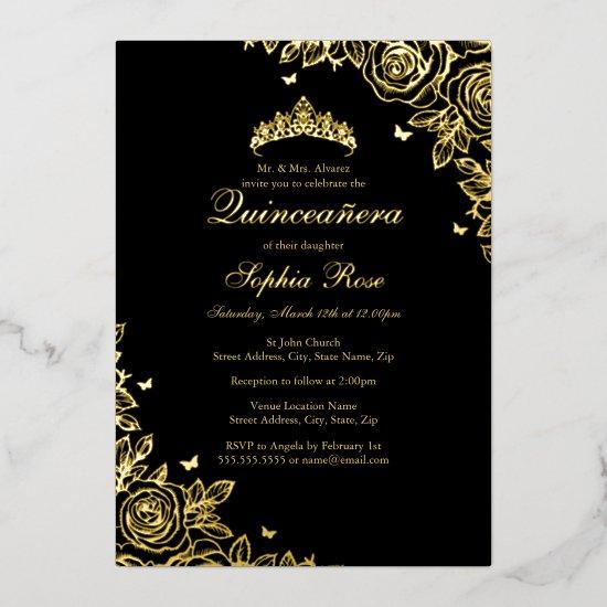 Gold Foil Rose Black Quinceanera Birthday  Foil