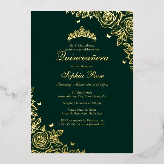 Gold Foil Rose Emerald Quinceanera Birthday  Foil