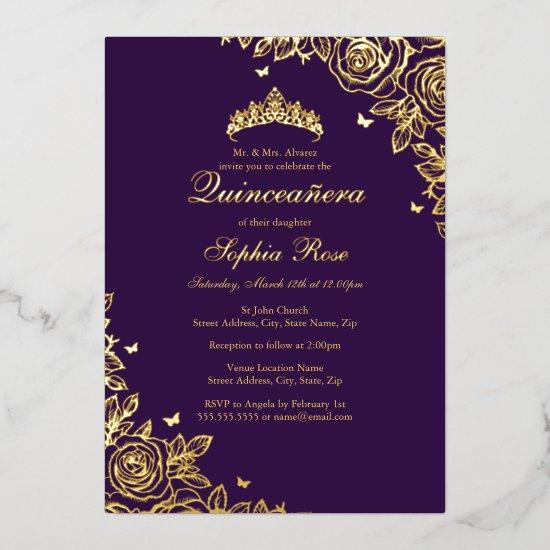 Gold Foil Rose Purple Quinceanera Birthday  Foil