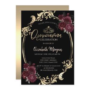 Gold Frame Burgundy Roses Black Quinceañera