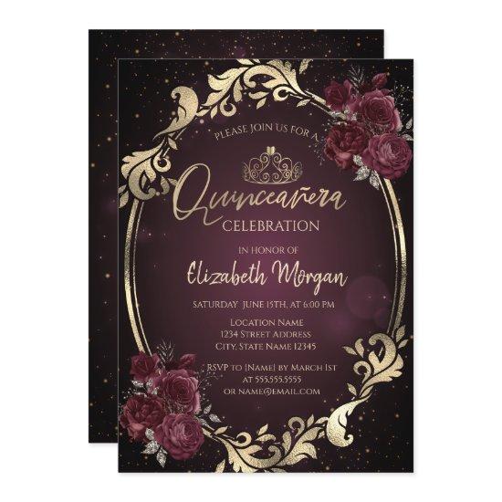 Gold Frame Burgundy Roses Dark Quinceañera