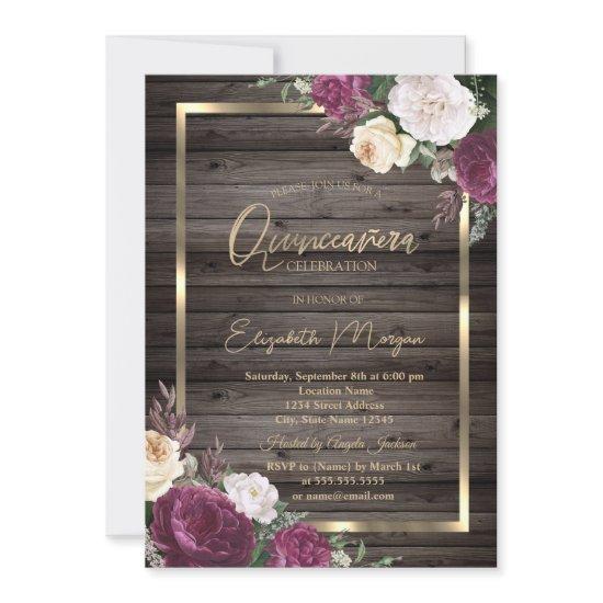 Gold Frame Burgundy Roses Wood Quinceañera