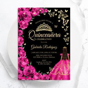 Gold Fuchsia Pink Roses Butterflies Quinceanera