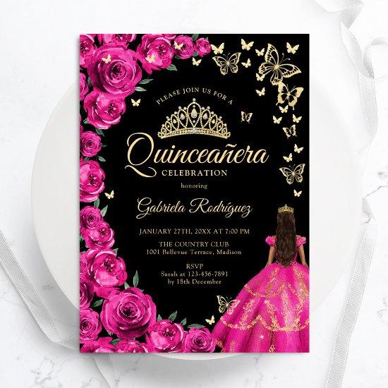 Gold Fuchsia Pink Roses Butterflies Quinceanera