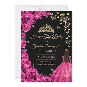 Gold Fuchsia Pink Roses Butterflies Quinceanera Save The Date