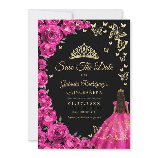 Gold Fuchsia Pink Roses Butterflies Quinceanera Save The Date