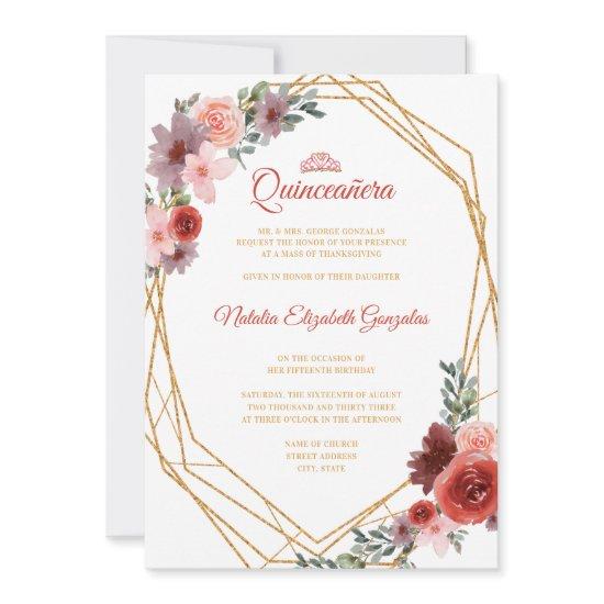 Gold Geometric Floral 15th Birthday Quinceanera