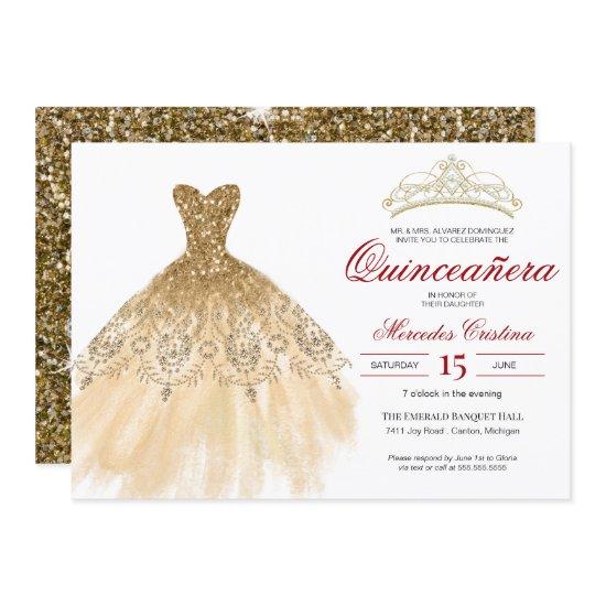 Gold Glitter and Red Simple Elegant Quinceañera