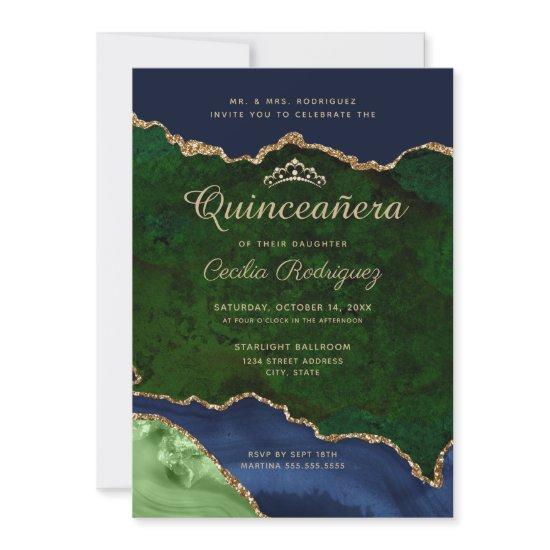 Gold Glitter Blue Green Agate Quinceanera