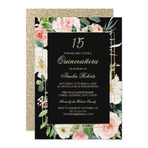 Gold Glitter Blush Black Floral Quinceanera