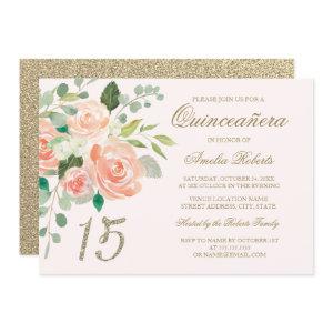 Gold Glitter Blush Peach Floral Quinceanera