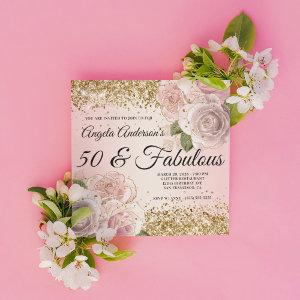 Gold Glitter Blush Pink Floral 50 & Fabulous