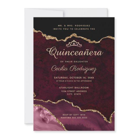 Gold Glitter Burgundy Agate Quinceanera
