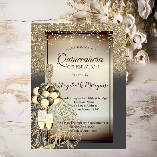 Gold Glitter Dress,Ballons,Quinceanera Celebration