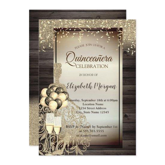 Gold Glitter Dress,Balloons,Wood Quinceanera
