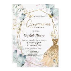 Gold Glitter Dress Blue Butterflies Gold Frame