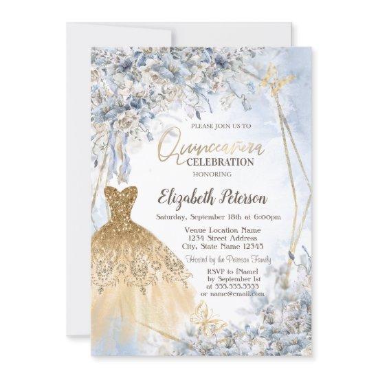 Gold Glitter Dress Blue Flowers Quinceanera