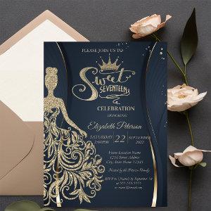 Gold Glitter Dress Tiara Navy Blue Quinceañera