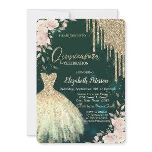 Gold Glitter Drips,Dress,Floral Green Quinceanera