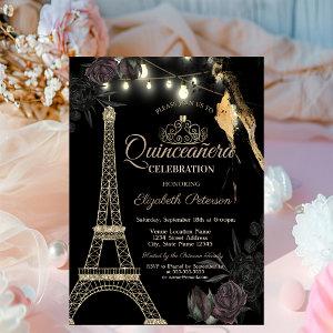 Gold Glitter Eiffel Tower Black Roses Quinceañera