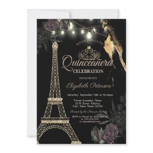 Gold Glitter Eiffel Tower Black Roses Quinceañera