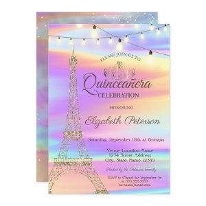 Gold Glitter Eiffel Tower Holographic Quinceañera
