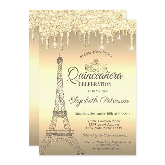 Gold Glitter Eiffel Tower,Tiara,Drips Quinceañera