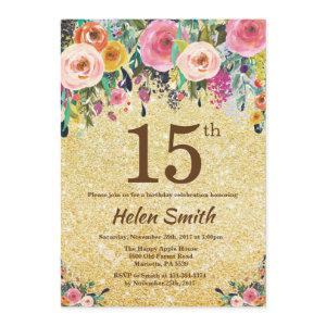 Gold Glitter Floral 15th Birthday