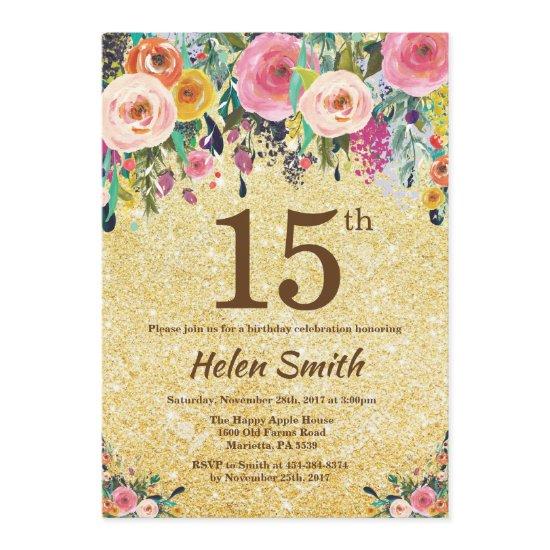 Gold Glitter Floral 15th Birthday