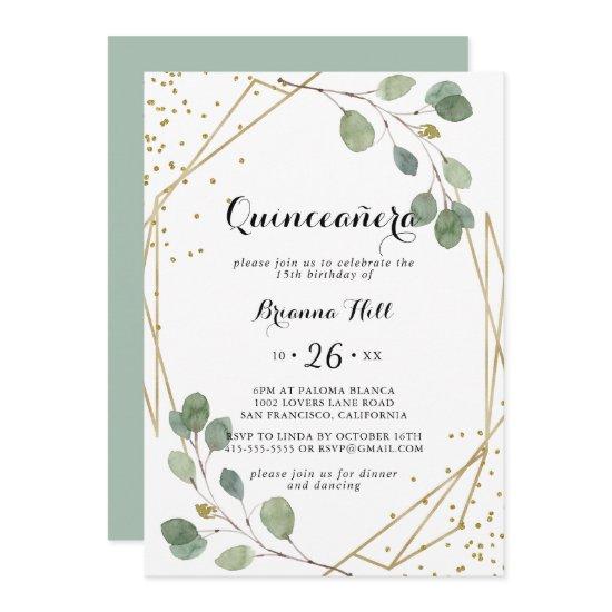 Gold Glitter Geometric Greenery Quinceañera