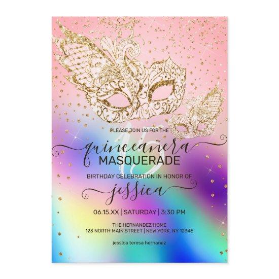 Gold Glitter Holographic Masquerade Quinceañera