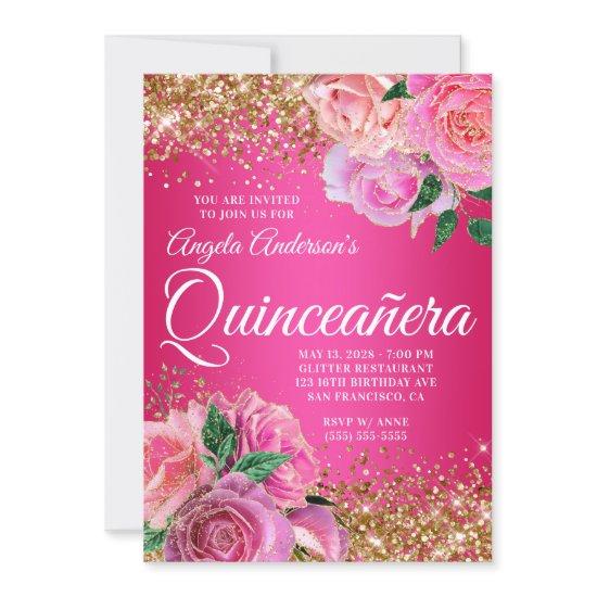 Gold Glitter Hot Pink Floral Glam Quinceañera