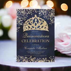 gold glitter navy blue photo tiara Quinceañera