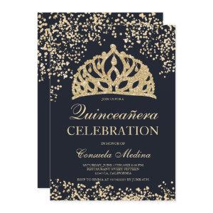 gold glitter navy blue tiara Quinceañera