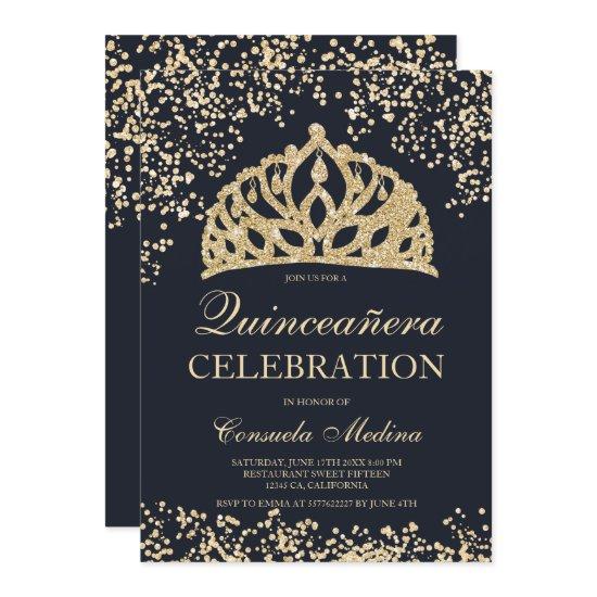 gold glitter navy blue tiara Quinceañera