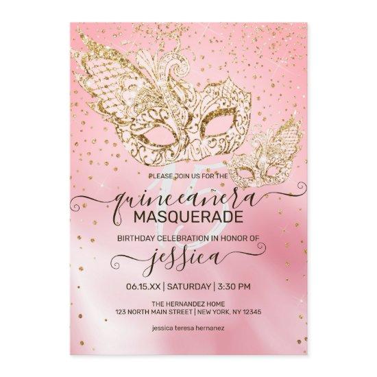 Gold Glitter Pink Silk Masquerade Quinceañera