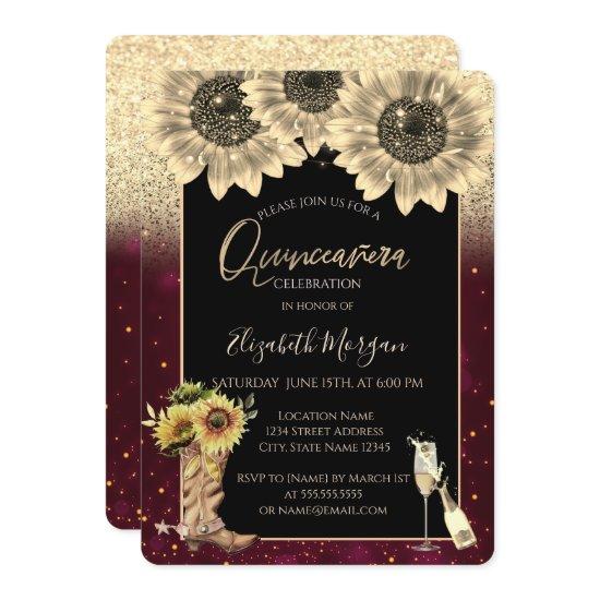 Gold Glitter Sunflowers,Burgundy Quinceanera