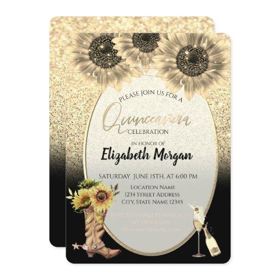 Gold Glitter, Sunflowers,Glass Quinceanera