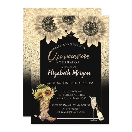 Gold Glitter Sunflowers,Glass Rustic Quinceanera