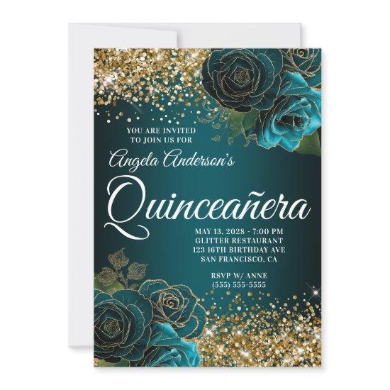 Gold Glitter Teal Blue Floral Glam Quinceañera