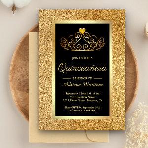 Gold Glitter Tiara Princess Black Quinceanera