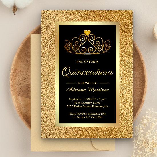 Gold Glitter Tiara Princess Black Quinceanera