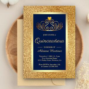 Gold Glitter Tiara Princess Blue Quinceanera